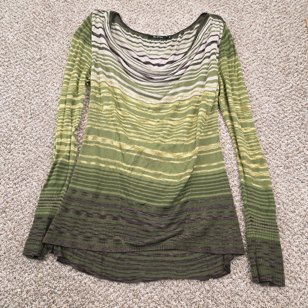 Nic + Zoe Woman Knit Blouse Top Multicolor Green Striped Cowl Neck Long Sleeve M